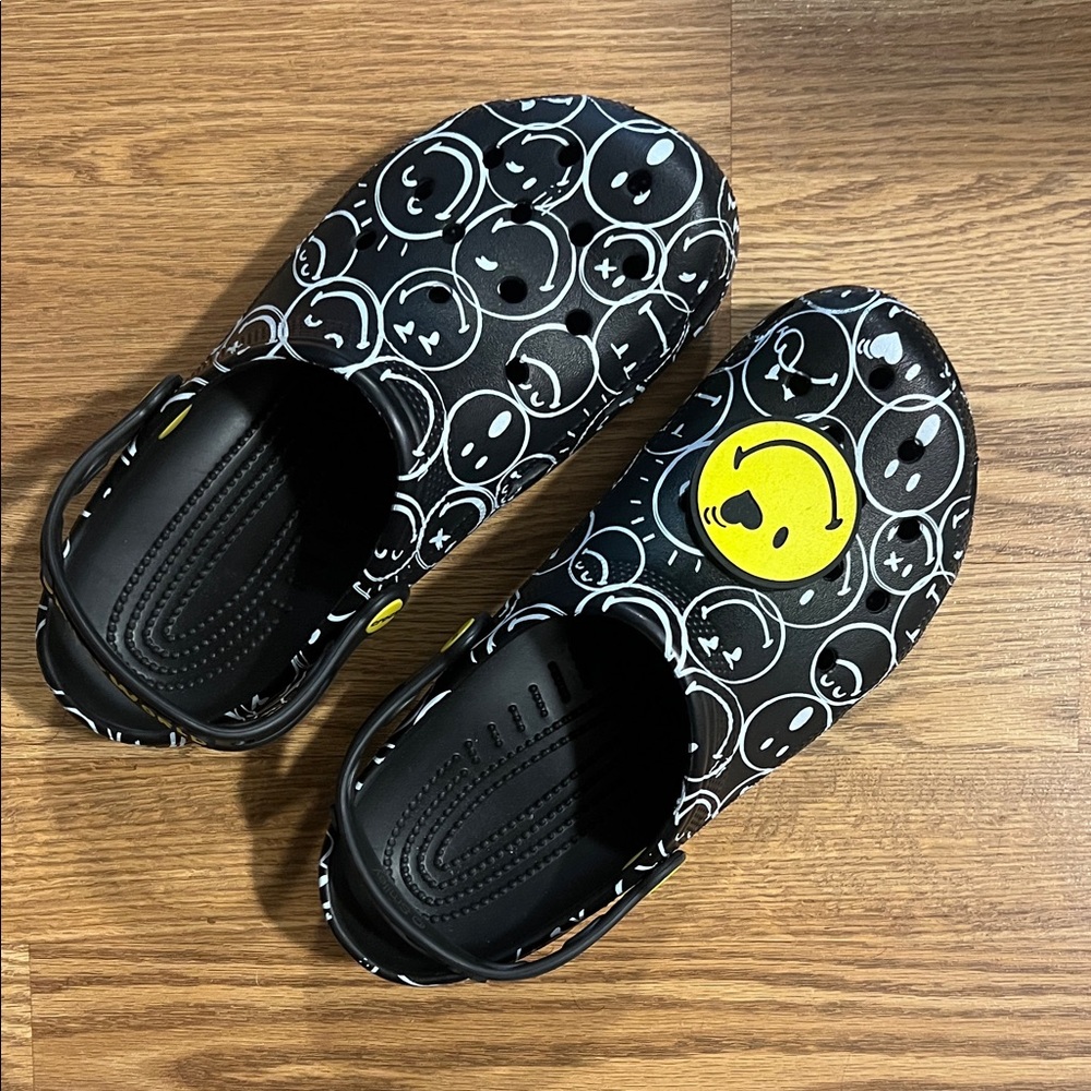Womens Black and Yellow Smiley crocs Clogs